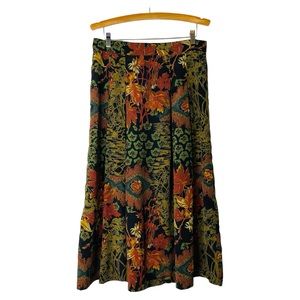 Vintage black green orange floral leaves pleated midi maxi skirt  large